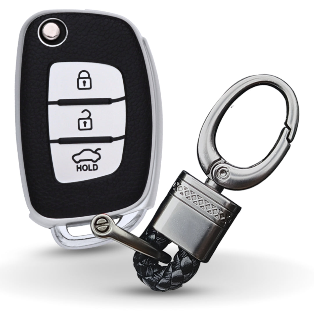 TPU Leather Key Cover For Hyundai Creta, Venue, Aura, i20, Grand i10 Nios, Xcent 3 Button Flip Key With Keychain.