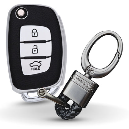 TPU Leather Key Cover For Hyundai Creta, Venue, Aura, i20, Grand i10 Nios, Xcent 3 Button Flip Key With Keychain.