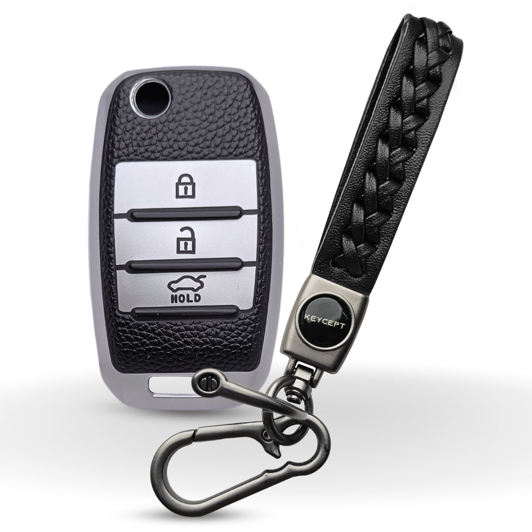 Kia TPU (Artificial) Leather Key Cover with Keychain. (Type 5)