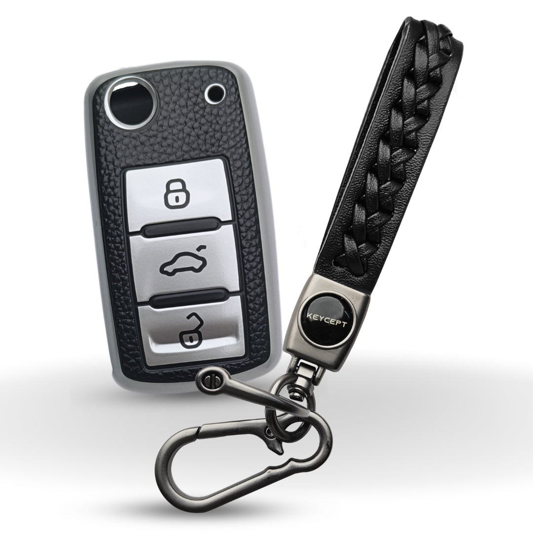 Skoda/ Volkswagen TPU (Artificial) Leather Key Cover with Keychain. (Type 5)