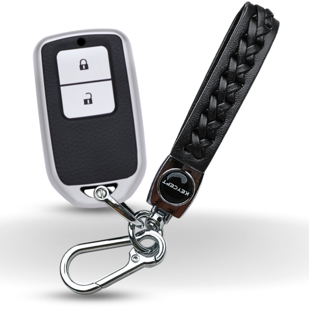 TPU Leather Key Cover For Honda Accord, City, Amaze, Civic WR-V, BR-V, CR-V, City, Jazz 2 button Smart Key with Keychain.