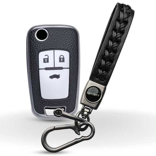 Keycept TPU Leather Car Key Cover for Chevrolet Cruze | Beat | Avio | Spark 3 Button Flip Key Only with keychain (Type K5)
