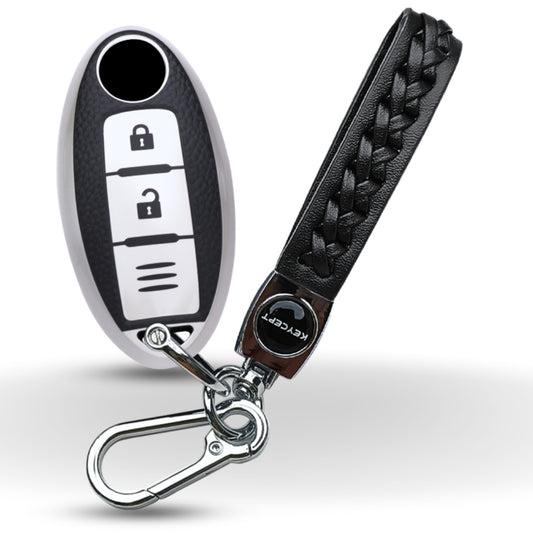 TPU Leather Key Cover Nissan Micra, Sunny, Teana, Magnite 2 button Smart Key with Keychain.