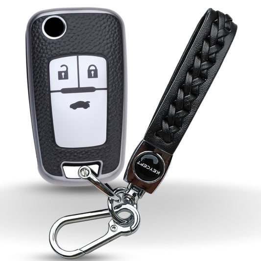 Keycept TPU Leather Car Key Cover for Chevrolet Cruze | Beat | Avio | Spark 3 Button Flip Key Only with keychain (Type K5)