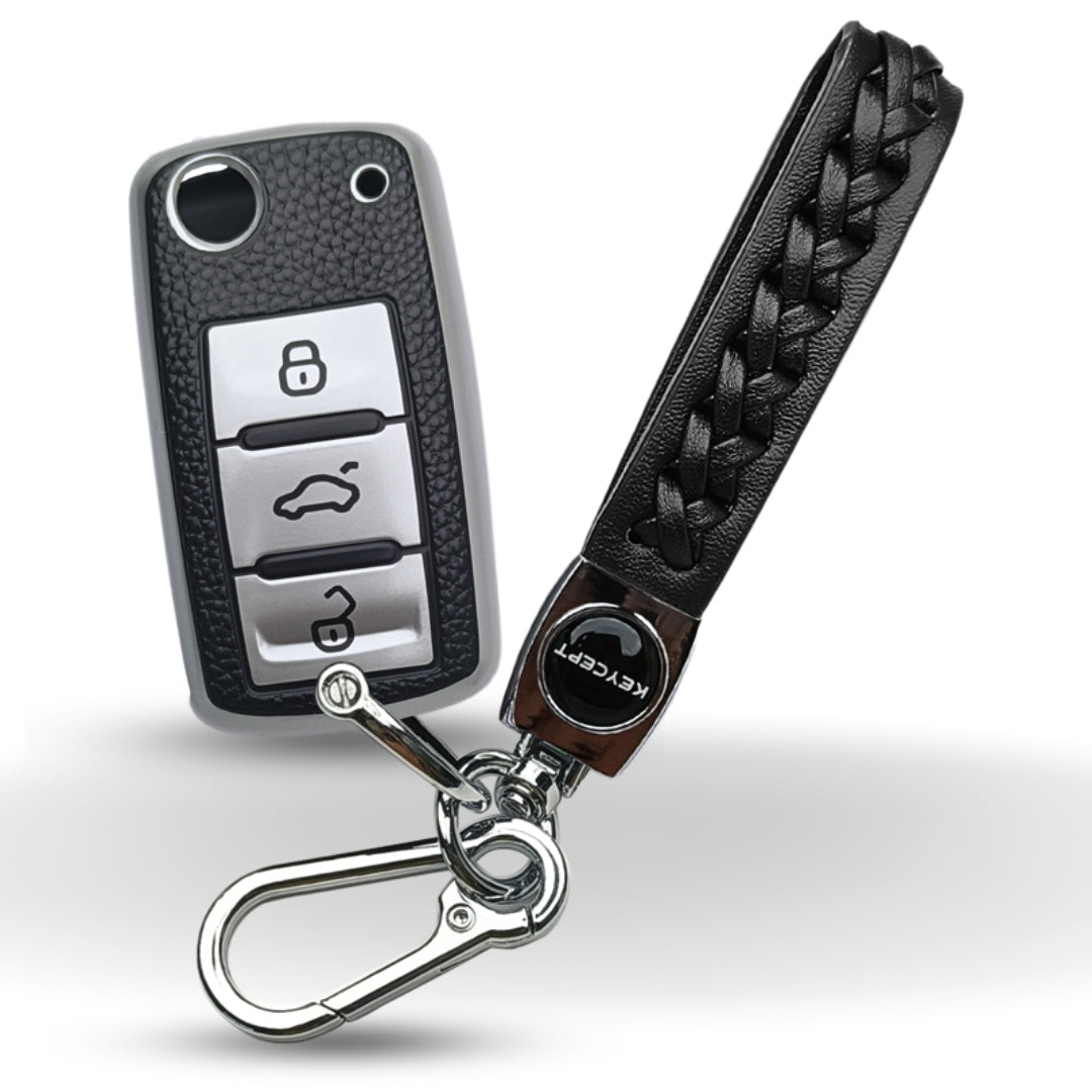 Skoda/ Volkswagen TPU (Artificial) Leather Key Cover with Keychain. (Type 5)