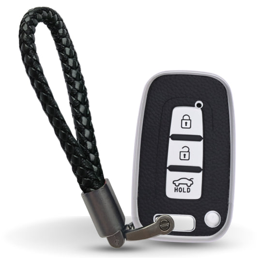 TPU Leather Key Cover For Hyundai Elantra, Old Verna, Old i20 Push Button Smart Key with Keychain.