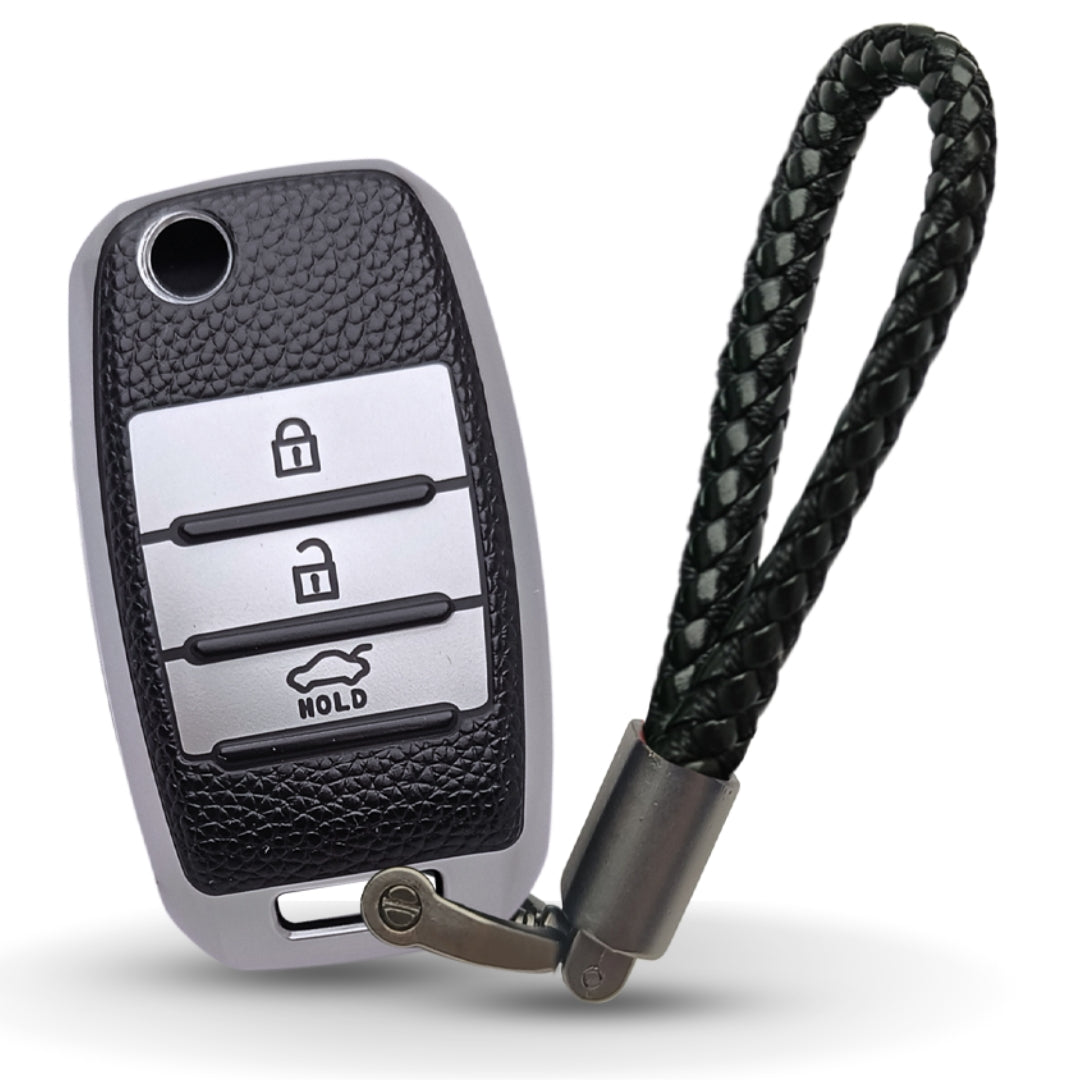 Kia TPU (Artificial) Leather Key Cover with Keychain. (Type 6)