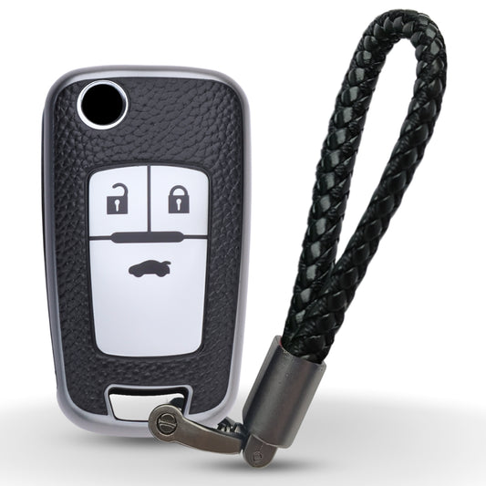 Keycept TPU Leather Car Key Cover for Chevrolet Cruze | Beat | Avio | Spark 3 Button Flip Key Only with keychain (Type K6)