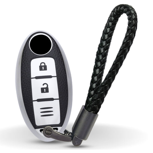 TPU Leather Key Cover Nissan Micra, Sunny, Teana, Magnite 2 button Smart Key with Keychain.