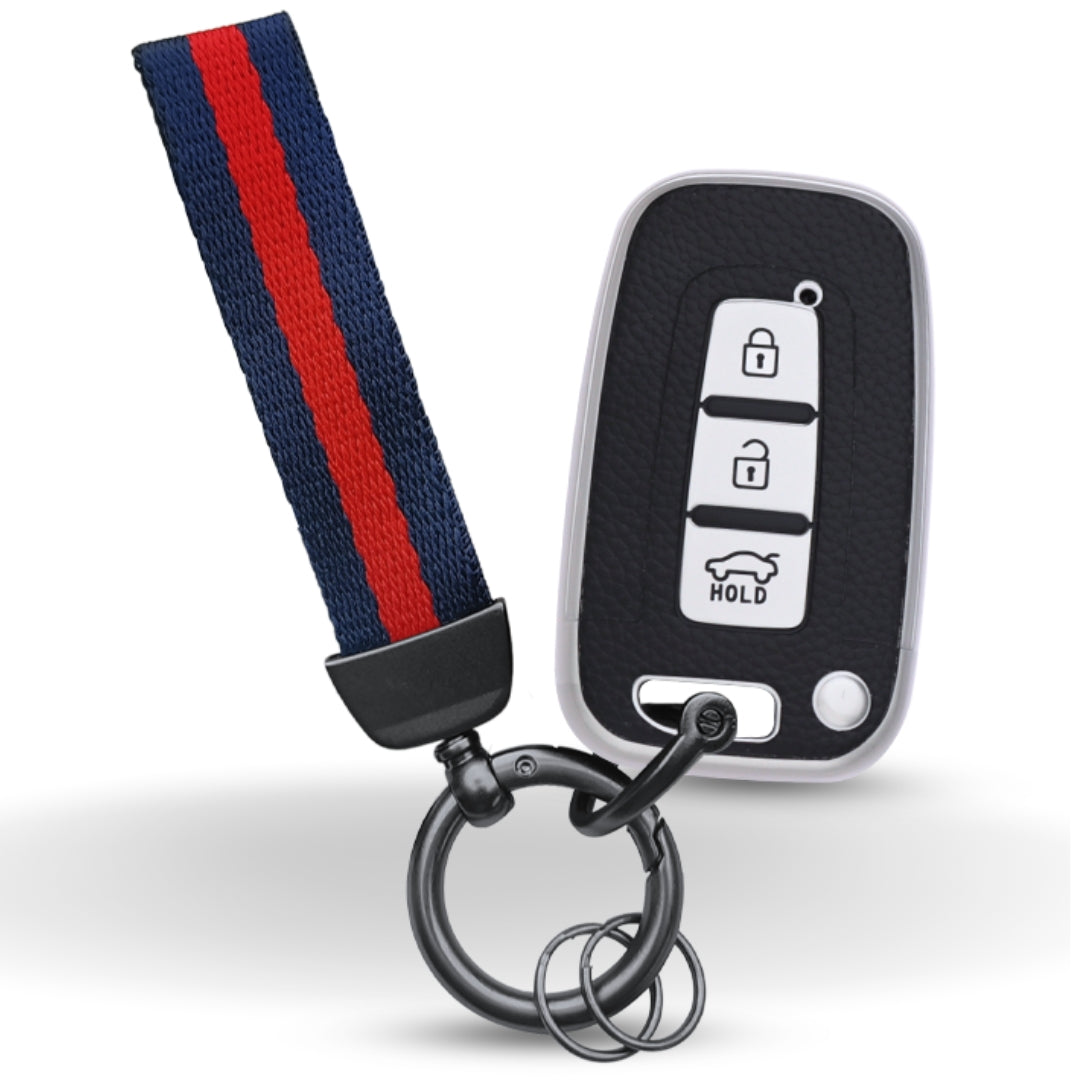TPU Leather Key Cover For Hyundai Elantra, Old Verna, Old i20 Push Button Smart Key with Keychain.