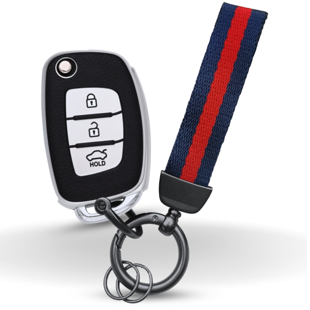TPU Leather Key Cover For Hyundai Creta, Venue, Aura, i20, Grand i10 Nios, Xcent 3 Button Flip Key With Keychain.