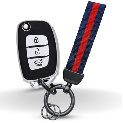 TPU Leather Key Cover For Hyundai Creta, Venue, Aura, i20, Grand i10 Nios, Xcent 3 Button Flip Key With Keychain.