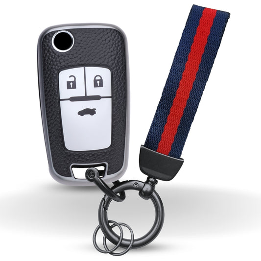 Keycept TPU Leather Car Key Cover for Chevrolet Cruze | Beat | Avio | Spark 3 Button Flip Key Only with keychain (Type K7)