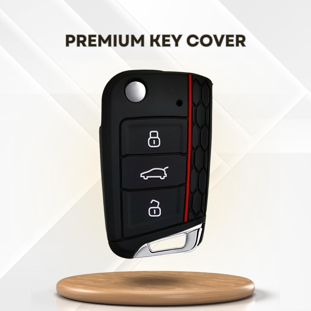 skoda kushaq 3 button flip key cover case accessories silicone black keychain