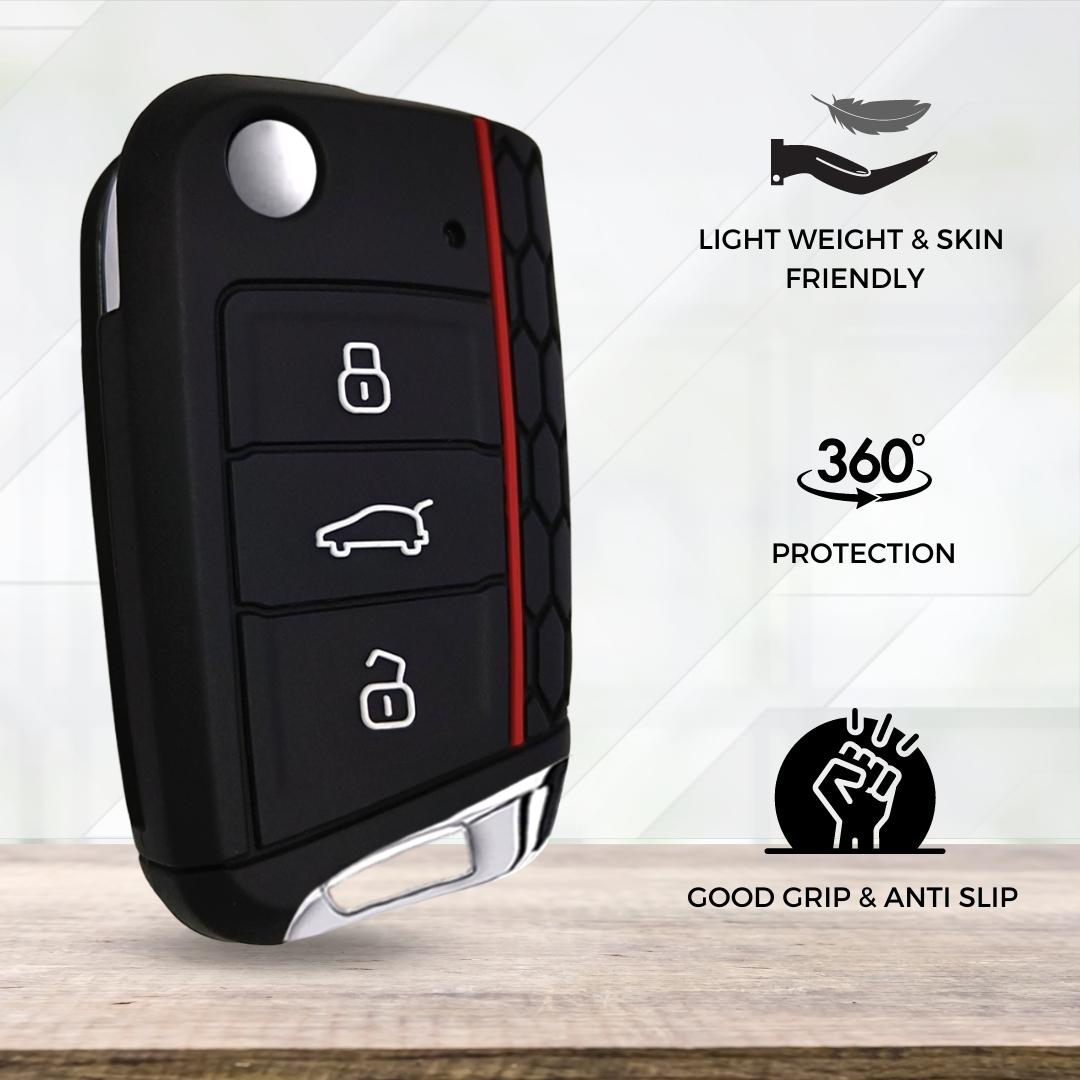 skoda kushaq 3 button flip key cover case accessories silicone with keychain black