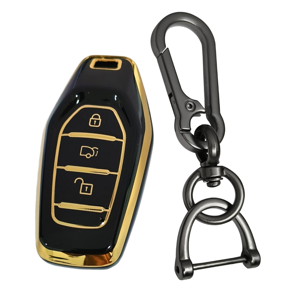 Black Gold Line TPU Key Cover for Mahindra TUV Smart Key With Keychain