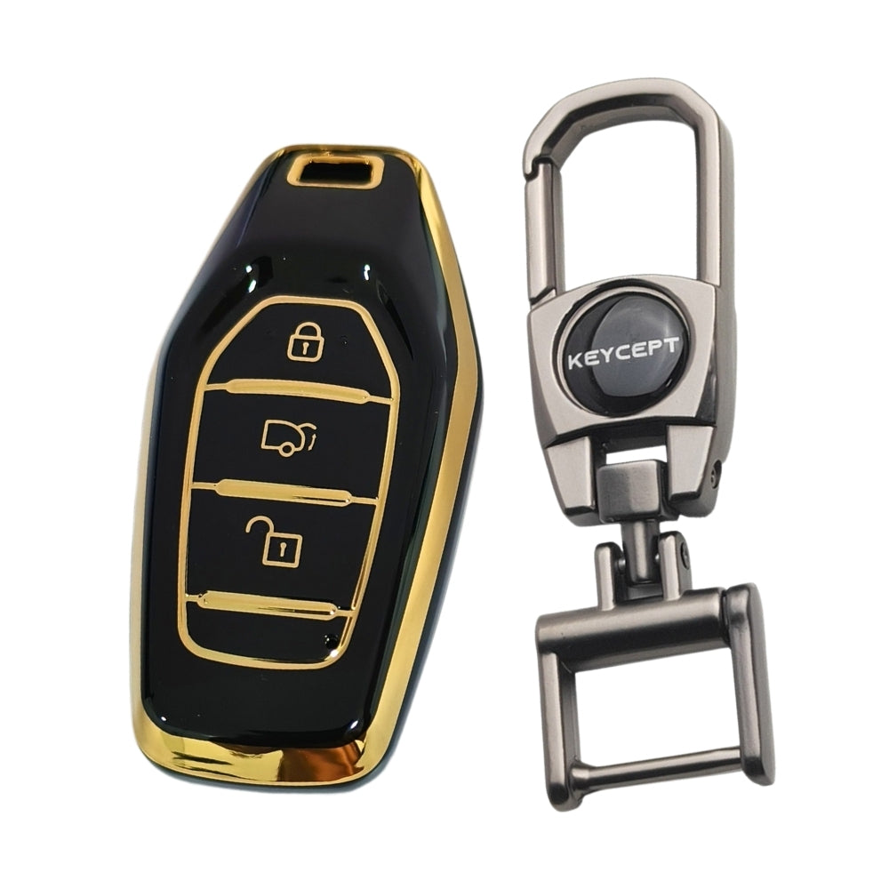 Black Gold Line TPU Key Cover for Mahindra TUV Smart Key With Keychain