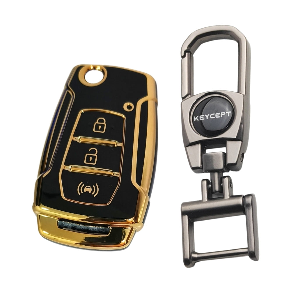 Black Gold Line TPU Key Cover for Mahindra XUV 300 & Alturas G4 3 button flip key With Keychain