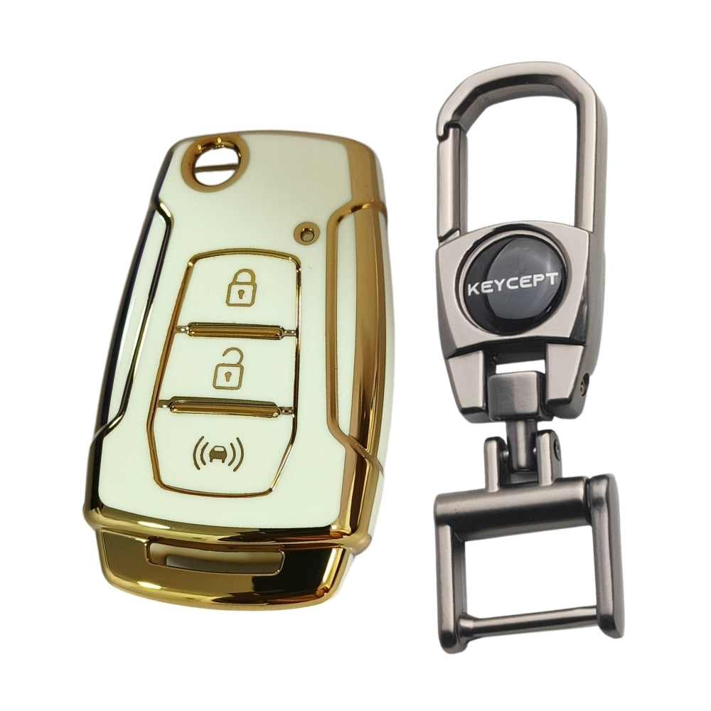 White Gold Line TPU Key Cover for Mahindra XUV 300 & Alturas G4 3 button flip key With Keychain