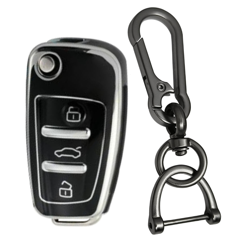 Black Silver Line TPU Key Cover for Audi A1, A3, A6, Q2, Q3, Q7, TT, TTS, R8, S3, S6, RS3 3 button flip key With Keychain