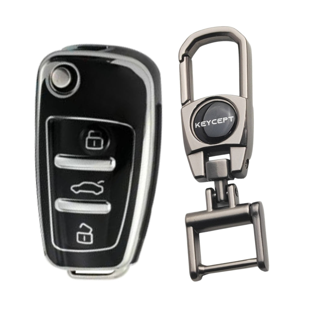 Black Silver Line TPU Key Cover for Audi A1, A3, A6, Q2, Q3, Q7, TT, TTS, R8, S3, S6, RS3 3 button flip key With Keychain