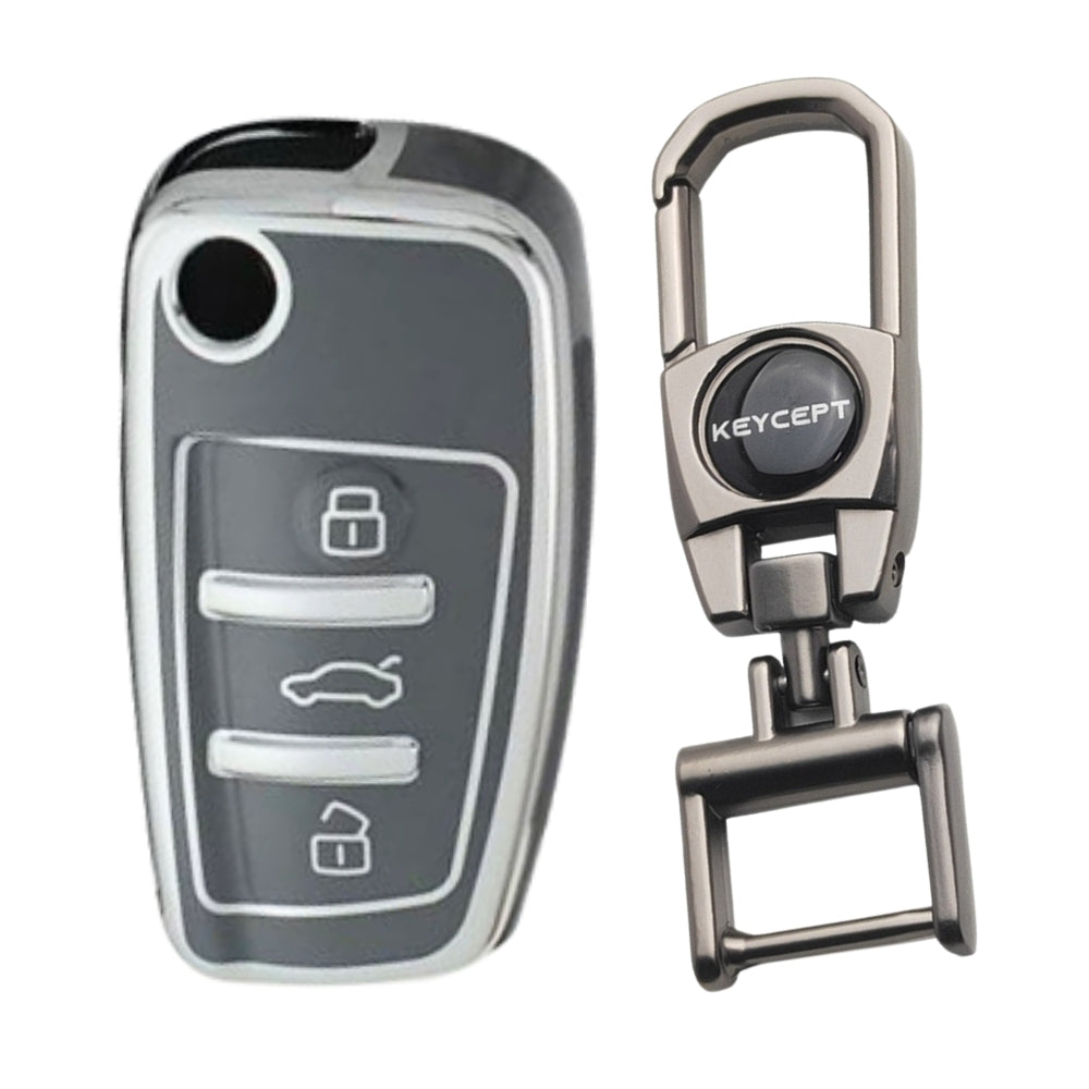 Blue Silver Line TPU Key Cover for Audi A1, A3, A6, Q2, Q3, Q7, TT, TTS, R8, S3, S6, RS3 3 button flip key With Keychain