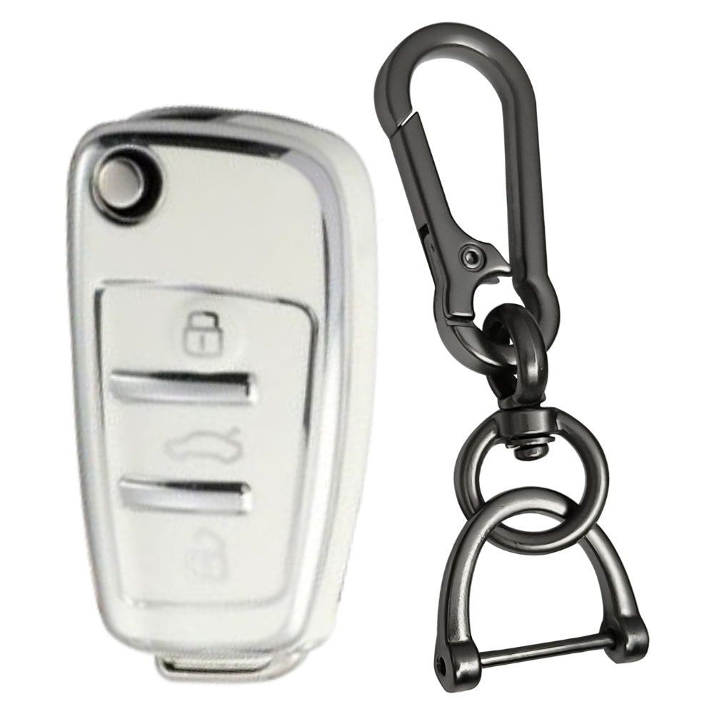 White Silver Line TPU Key Cover for Audi A1, A3, A6, Q2, Q3, Q7, TT, TTS, R8, S3, S6, RS3 3 button flip key With Keychain