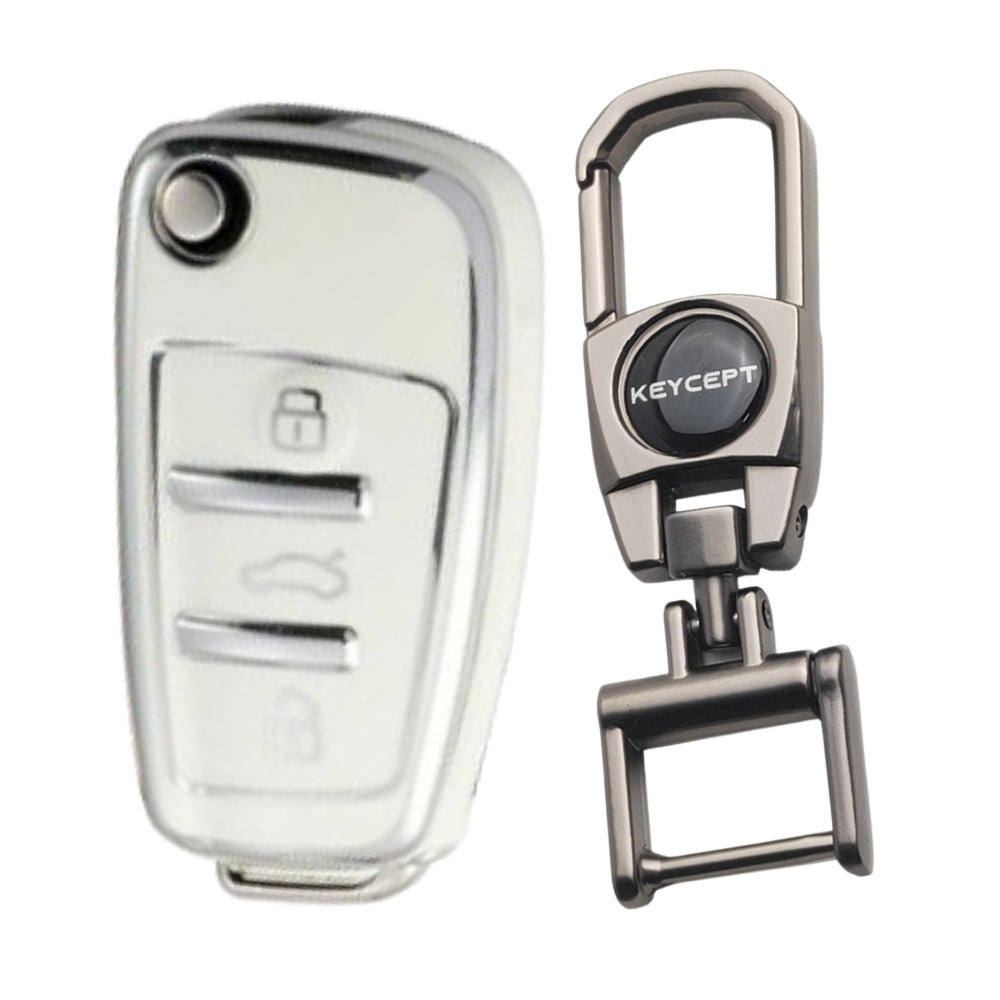 White Silver Line TPU Key Cover for Audi A1, A3, A6, Q2, Q3, Q7, TT, TTS, R8, S3, S6, RS3 3 button flip key With Keychain