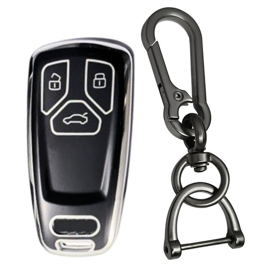 Black Silver Line TPU Key Cover for Audi A4, S4, B7, B8, A6, A5, A7, A8, Q5, S5, S6 &amp; Q7 3 button smart key with Keychain