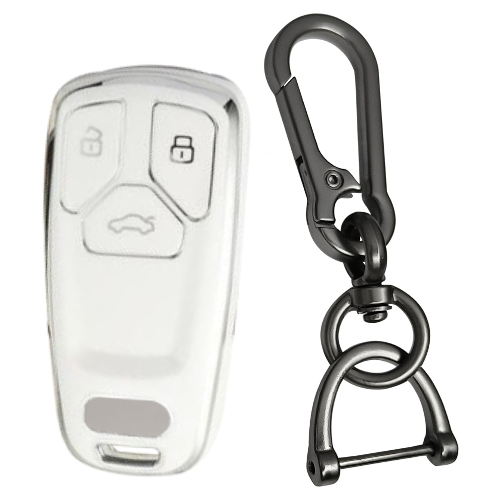 White Silver Line TPU Key Cover for Audi A4, S4, B7, B8, A6, A5, A7, A8, Q5, S5, S6 &amp; Q7 3 button smart key with Keychain