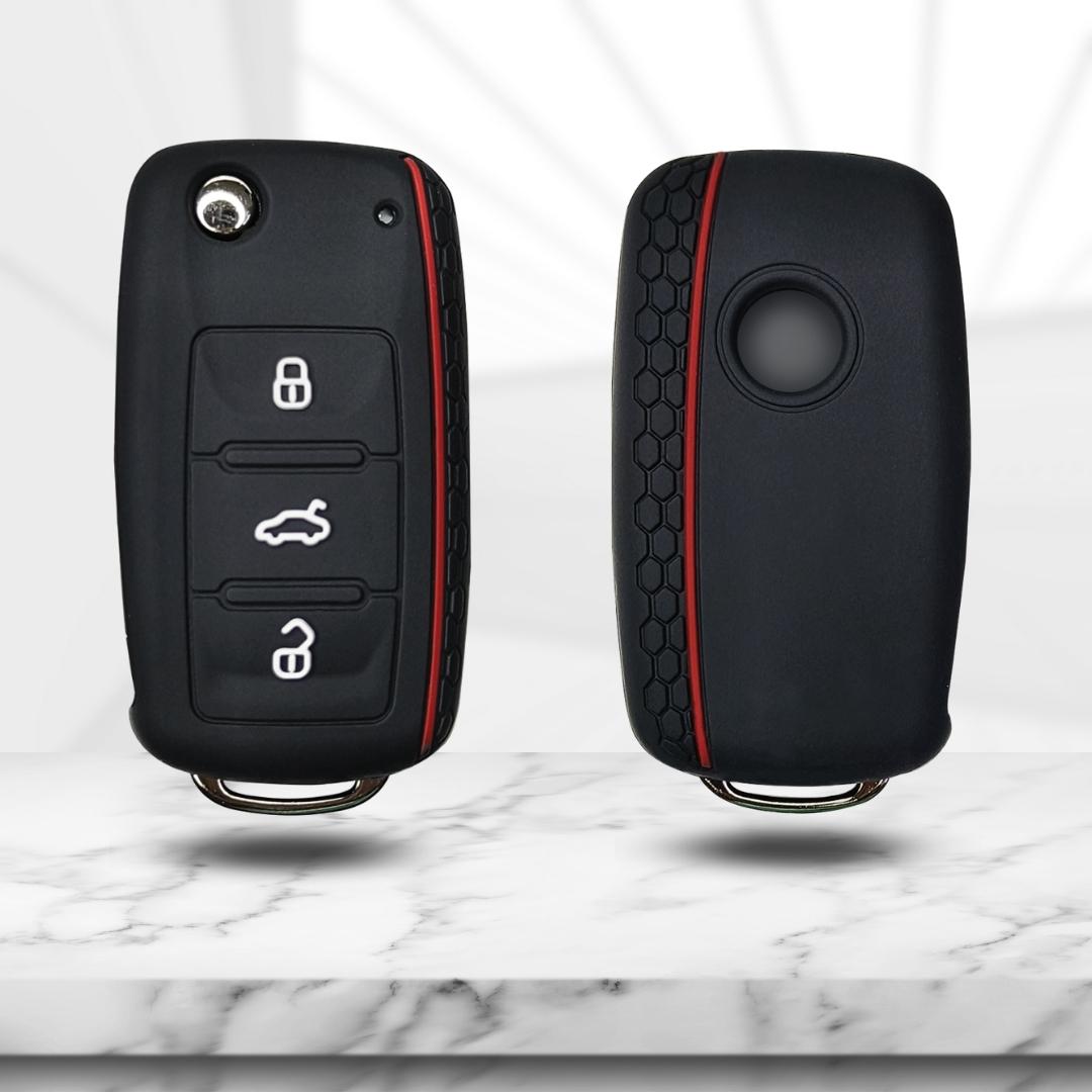 Skoda polo vento ameo 3 button flip key cover case accessories silicone black keychain 