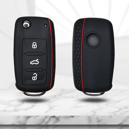 Skoda polo vento ameo 3 button flip key cover case accessories silicone black keychain 