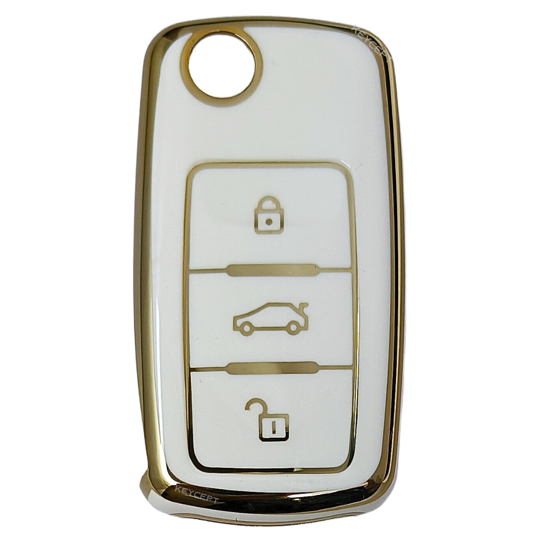 skoda octavia laura fabia 3 button flip key tpu white gold key cover case accessories keychain