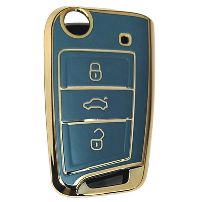 skoda kushaq octavia slavia kodiaq 3 button flip tpu blue gold key cover case