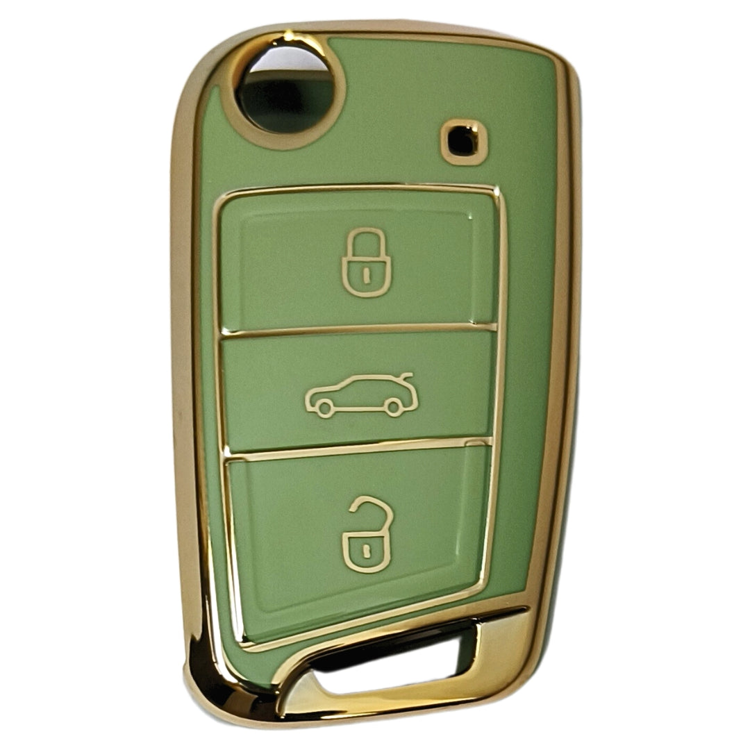skoda kushaq octavia slavia kodiaq 3 button flip tpu  green gold key cover case