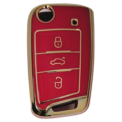 skoda kushaq octavia slavia kodiaq 3 button flip tpu  red gold key cover case