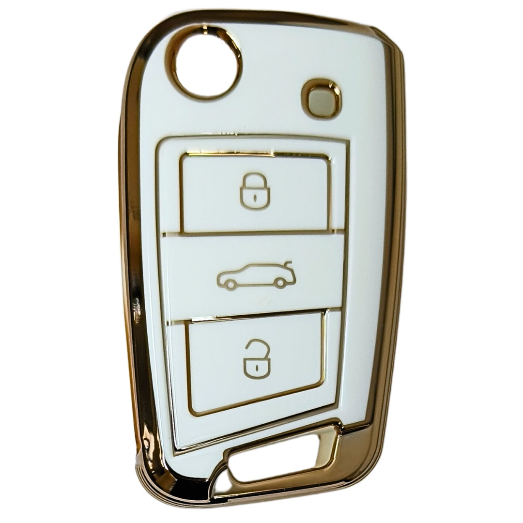skoda kushaq octavia slavia kodiaq 3 button flip tpu  white gold key cover case