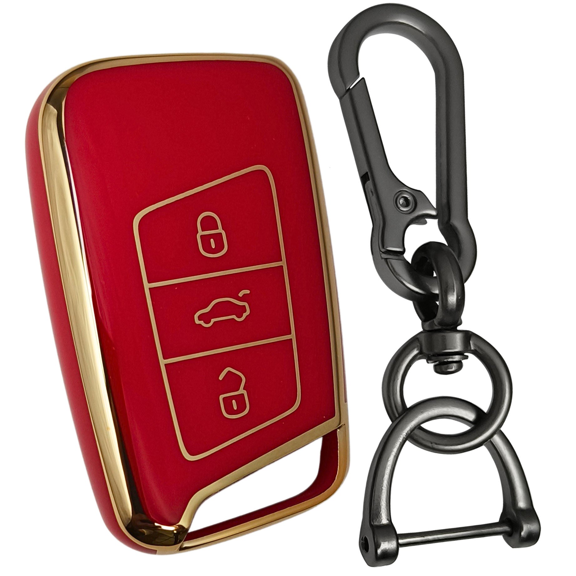 skoda kushaq 3 button smart tpu red gold key case keychain