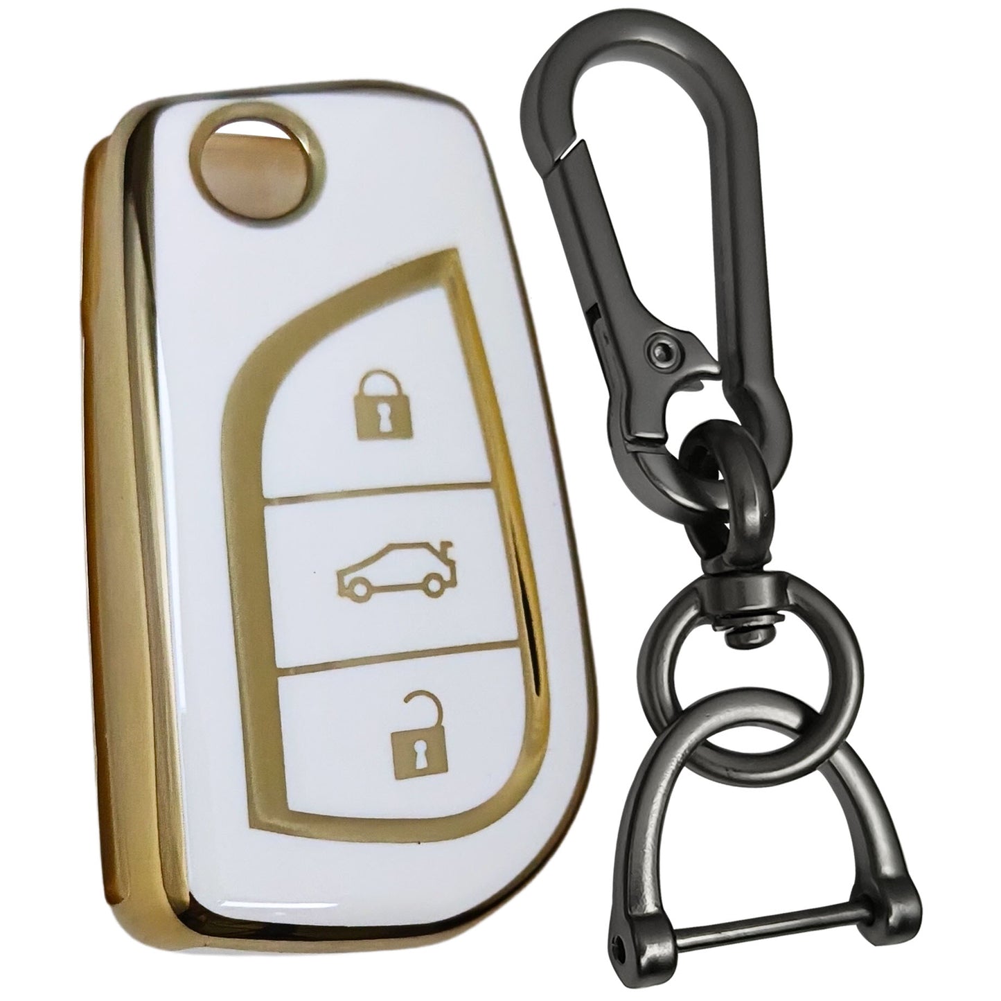 toyota corolla innova crysta 3 button flip tpu white gold key cover case accessories keychain