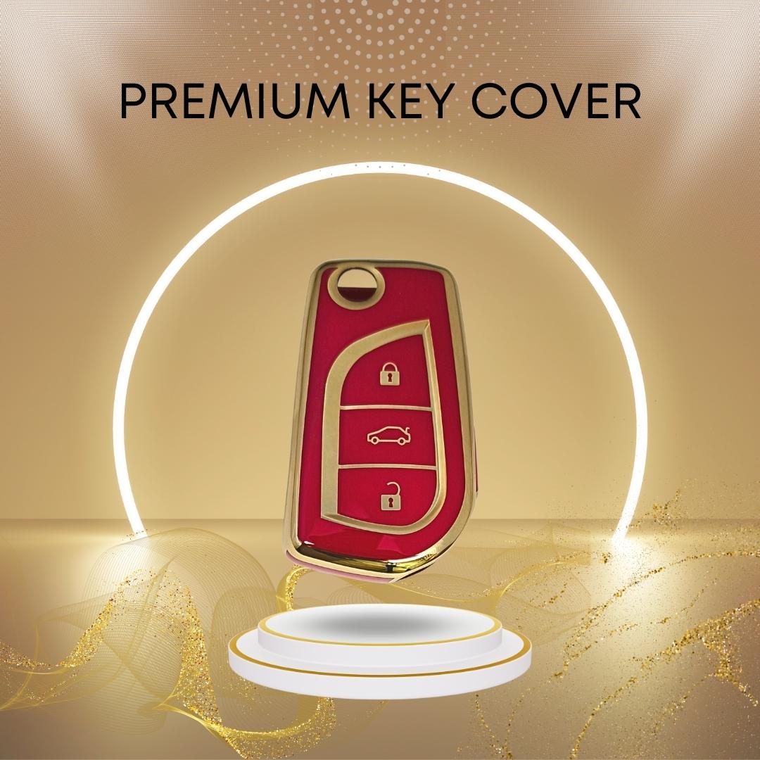 toyota corolla innova crysta 3 button flip leather red gold key cover 