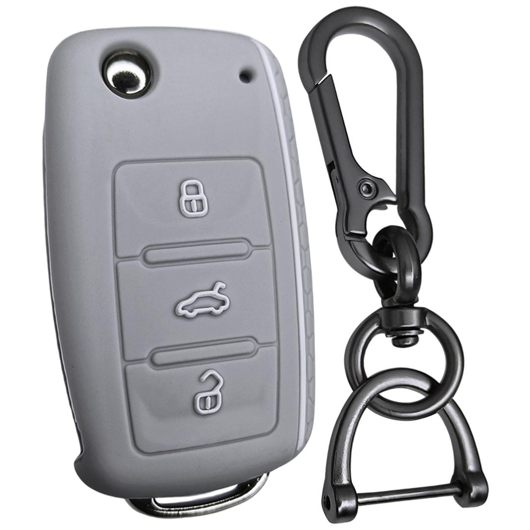 Skoda polo vento ameo 3 button flip key cover case accessories silicone grey keychain 