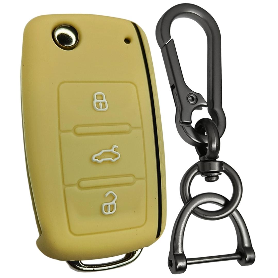 Skoda polo vento ameo 3 button flip key cover case accessories silicone beige keychain 