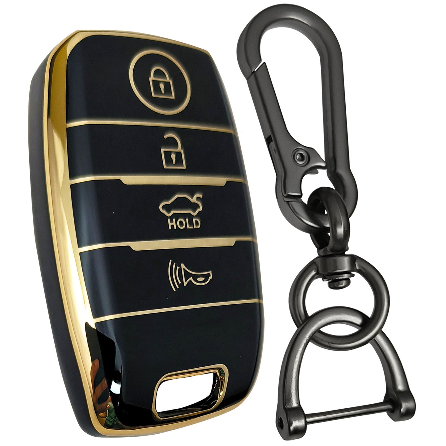 kia seltos sonet carens carnival 4 button smart tpu blqack gold key cover keychain