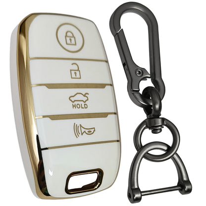 kia seltos sonet carens carnival 4 button smart tpu white gold key cover keychain