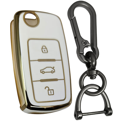 skoda octavia laura fabia 3 button flip key tpu white gold key cover case accessories keychain