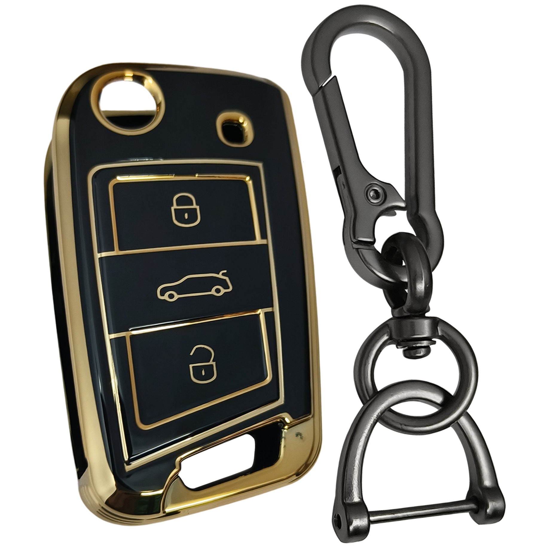 skoda kushaq octavia slavia kodiaq 3 button flip tpu  black gold key accessories keychain