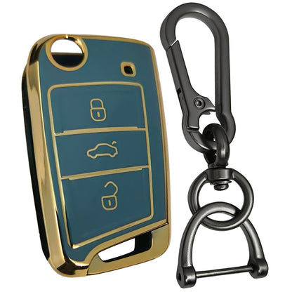 skoda kushaq octavia slavia kodiaq 3 button flip tpu blue gold key cover case keychain