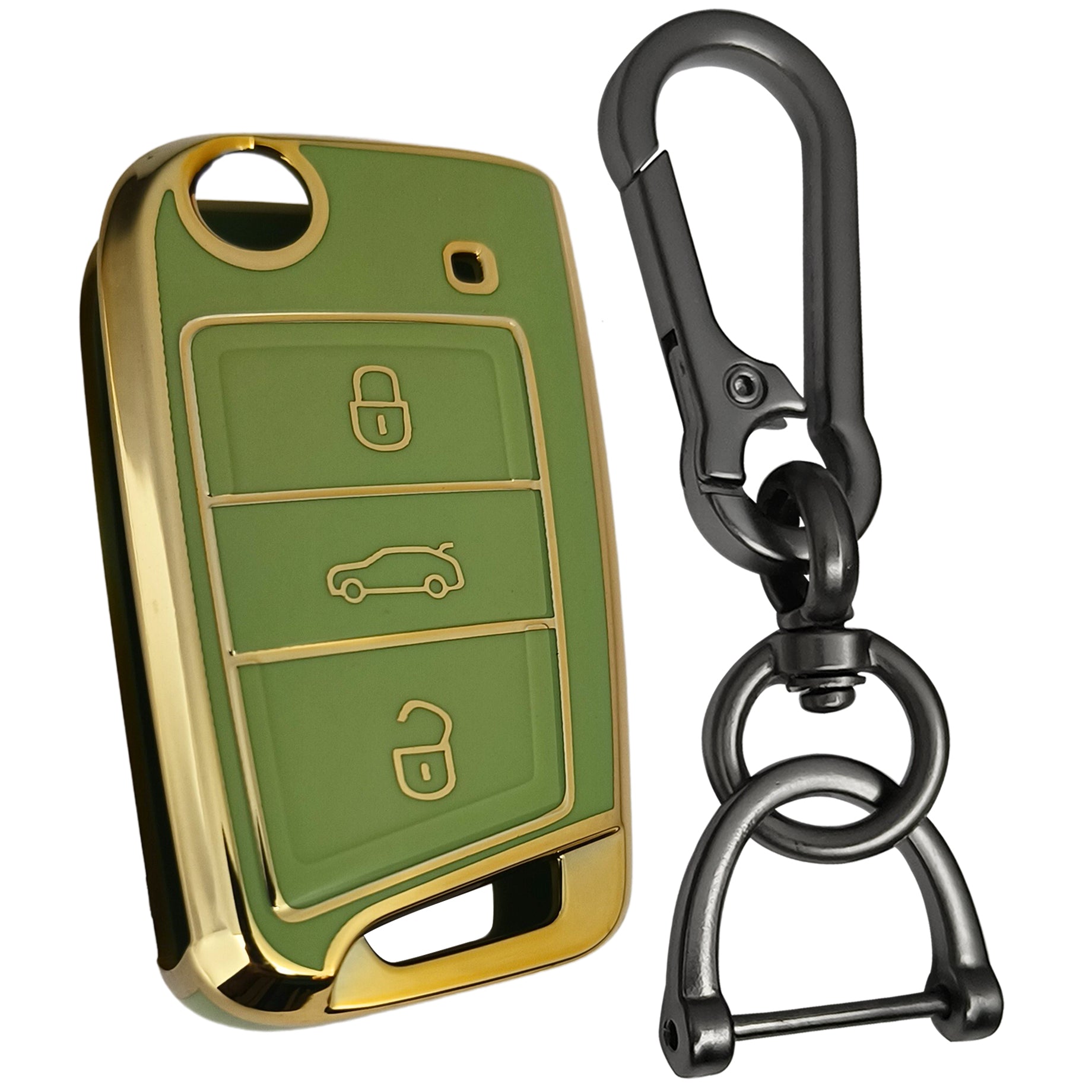 skoda kushaq octavia slavia kodiaq 3 button flip tpu  green gold key cover case keychain