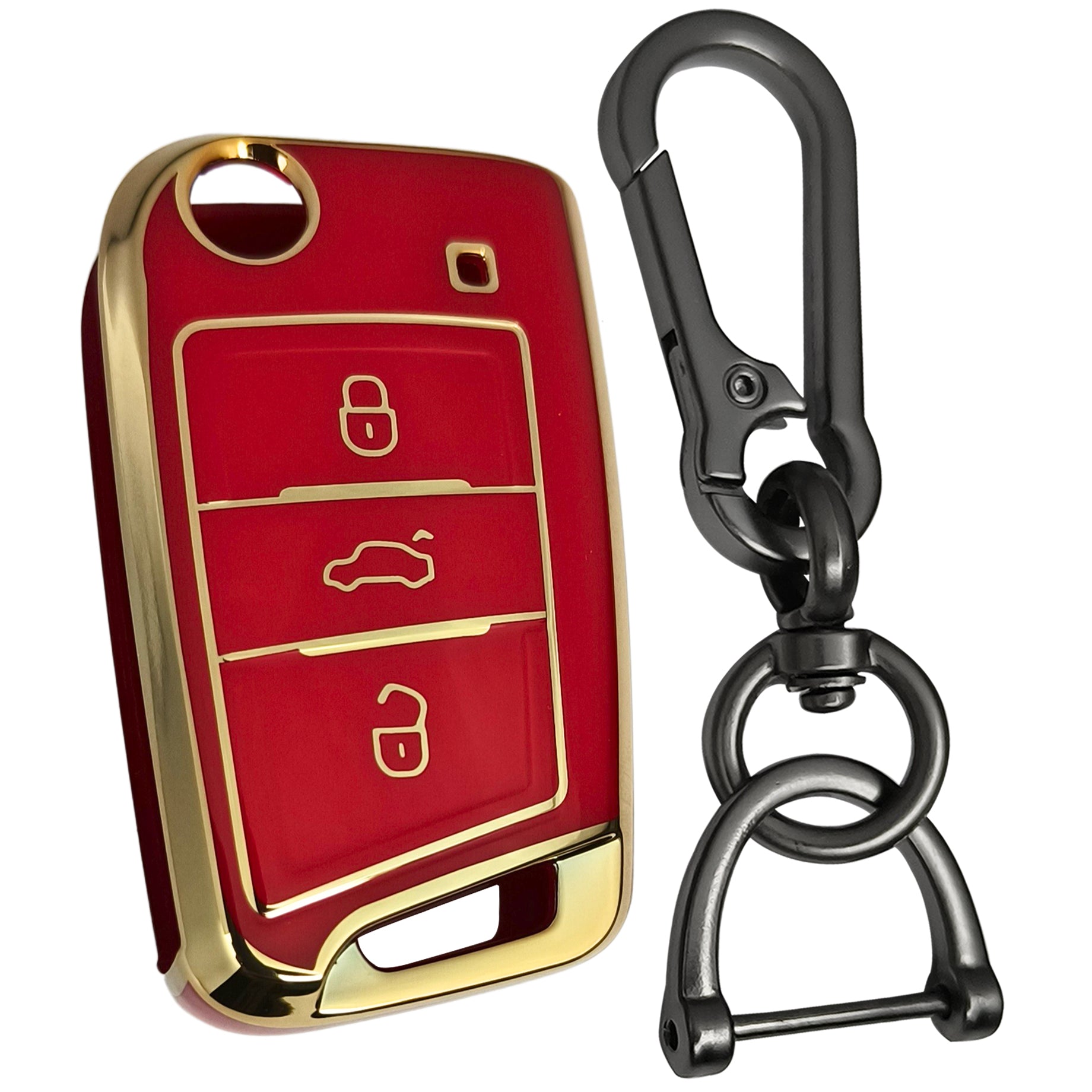 skoda kushaq octavia slavia kodiaq 3 button flip tpu  red gold key cover case keychain
