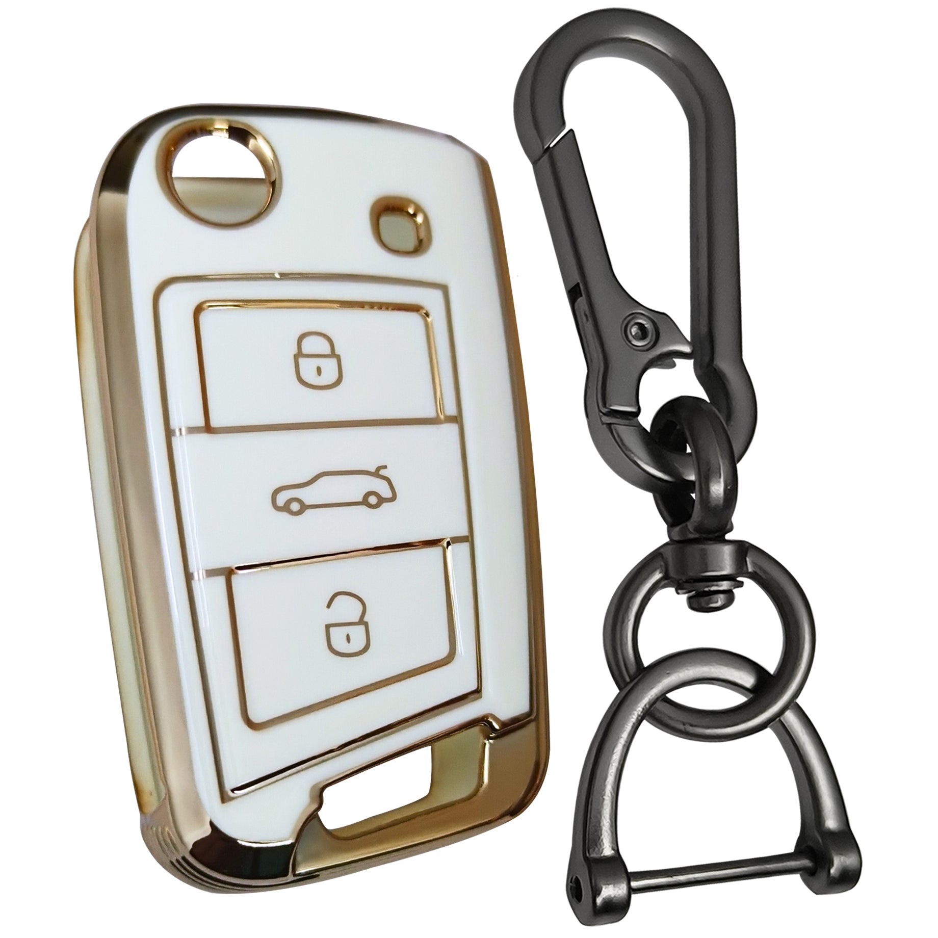 skoda kushaq octavia slavia kodiaq 3 button flip tpu  white gold key cover case keychain